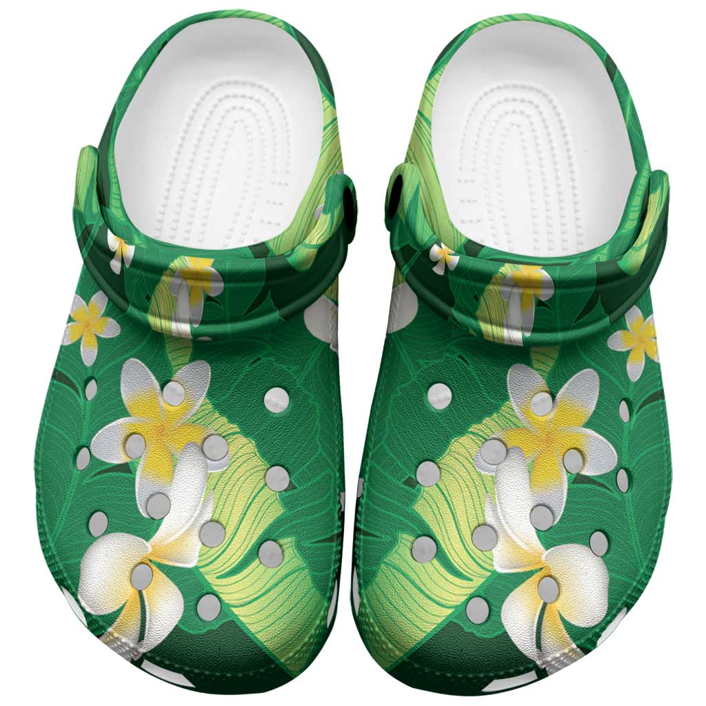 Green Banana Leaf Hawaii Clogs Shoes Lau Maia Plumeria Tropical Summer Vibes