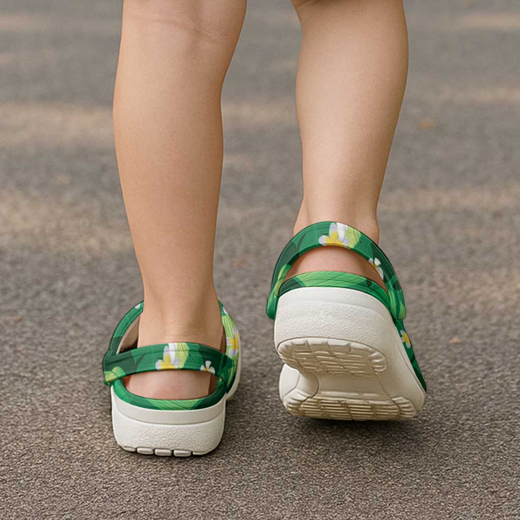 Green Banana Leaf Hawaii Clogs Shoes Lau Maia Plumeria Tropical Summer Vibes