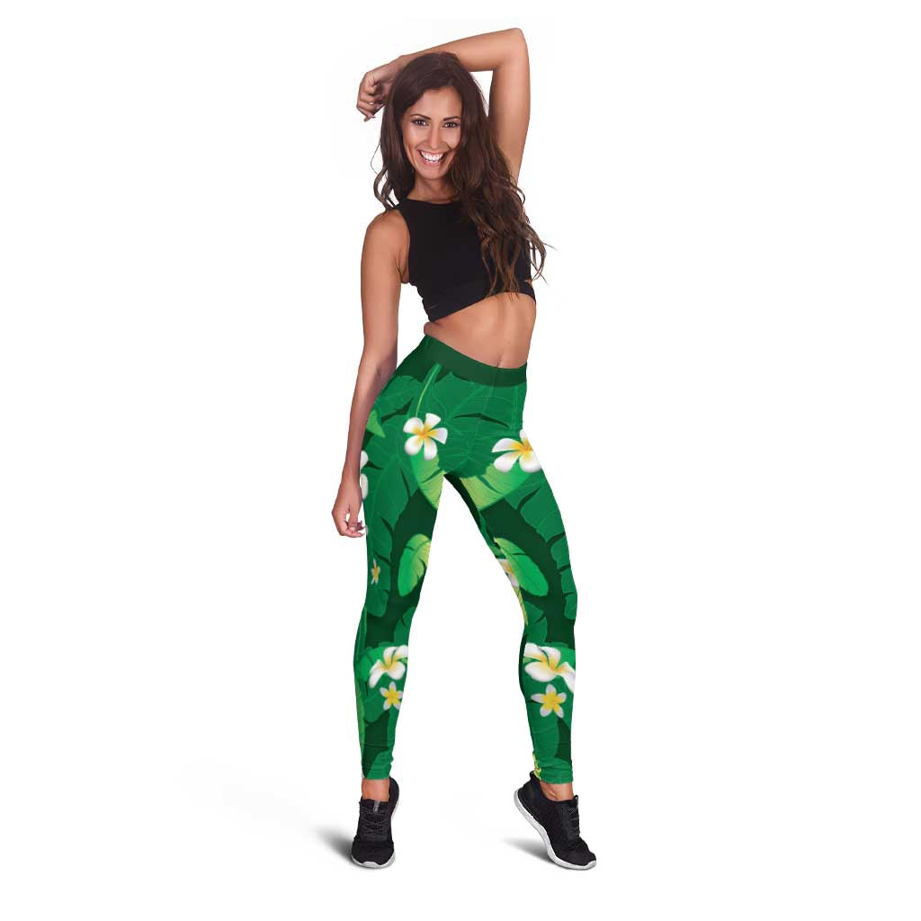 Green Banana Leaf Hawaii Leggings Lau Maia Plumeria Tropical Summer Vibes