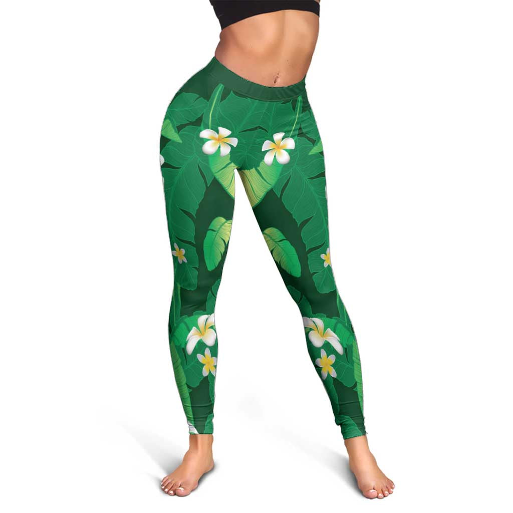 Green Banana Leaf Hawaii Leggings Lau Maia Plumeria Tropical Summer Vibes