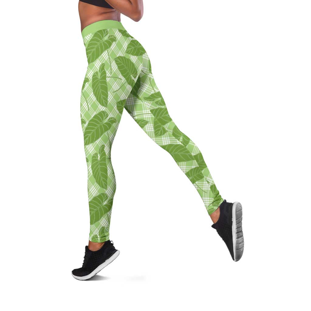 Green Hawaii Kalo Palaka Motifs Leggings Hawaiian Taro Leaves Elegant Vibes LT14 Green - Polynesian Pride