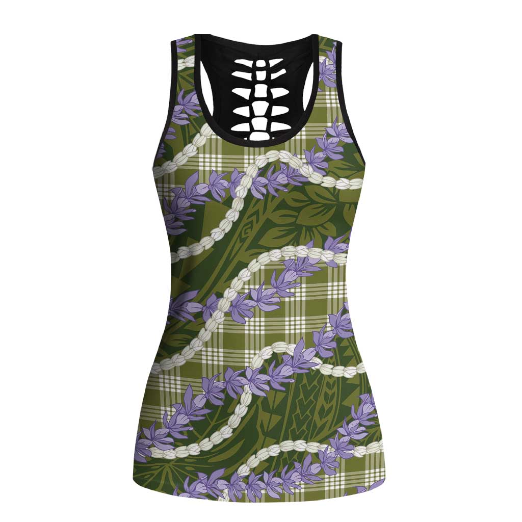 Green Hawaii Palaka Honohono Pikake Hollow Tank Top Hawaiian Orchid Lei Polynesian Pattern - Polynesian Pride