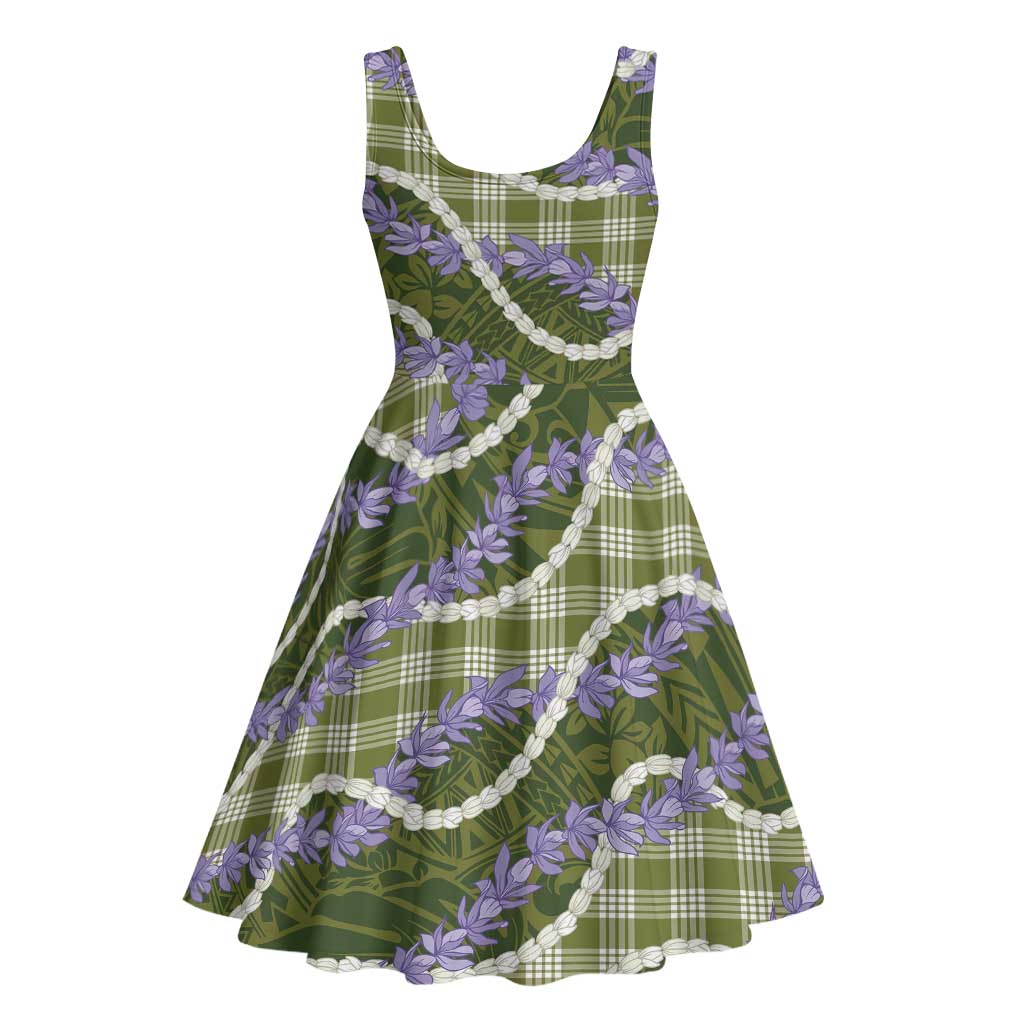 Green Hawaii Palaka Honohono Pikake Midi Dress Hawaiian Orchid Lei Polynesian Pattern - Polynesian Pride