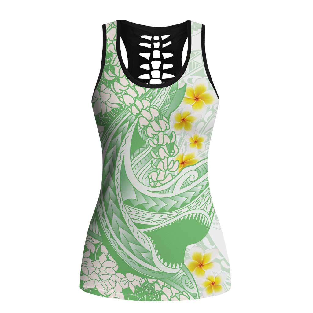 Green Hawaii Shark Tattoo Hollow Tank Top Puakenikeni Lei Plumeria Polynesian Pattern