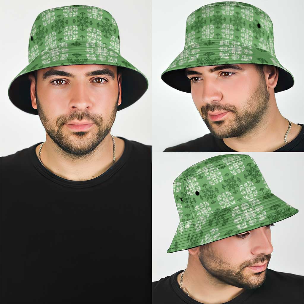Green Hawaiian Quilt Bucket Hat Hawaii Pineapple Monstera Palaka Motifs - Polynesian Pride