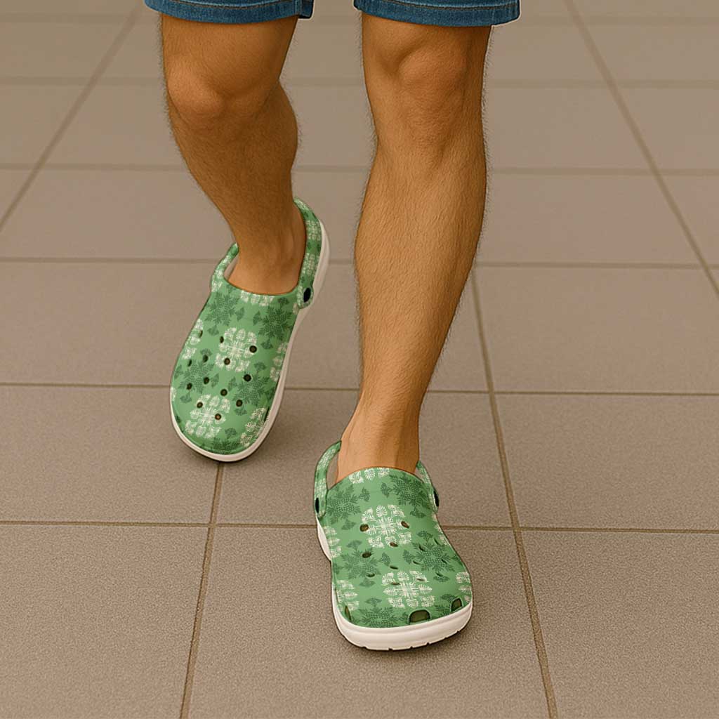 Green Hawaiian Quilt Clogs Shoes Hawaii Pineapple Monstera Palaka Motifs - Polynesian Pride