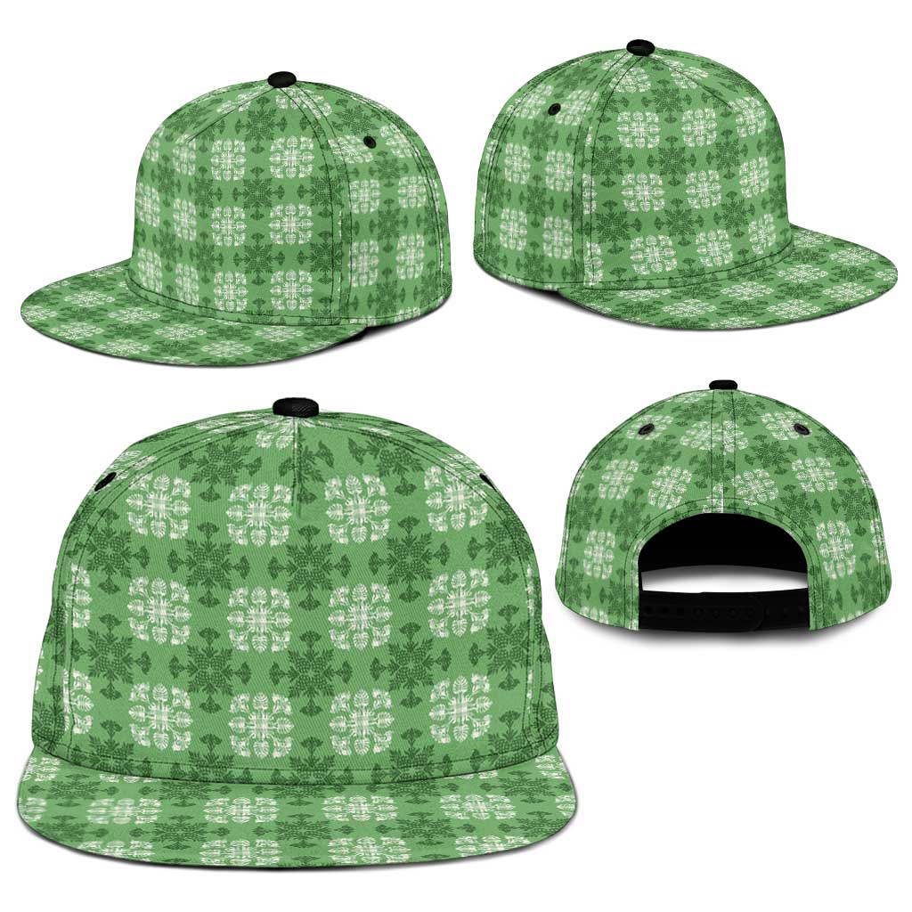 Green Hawaiian Quilt Snapback Cap Hawaii Pineapple Monstera Palaka Motifs - Polynesian Pride