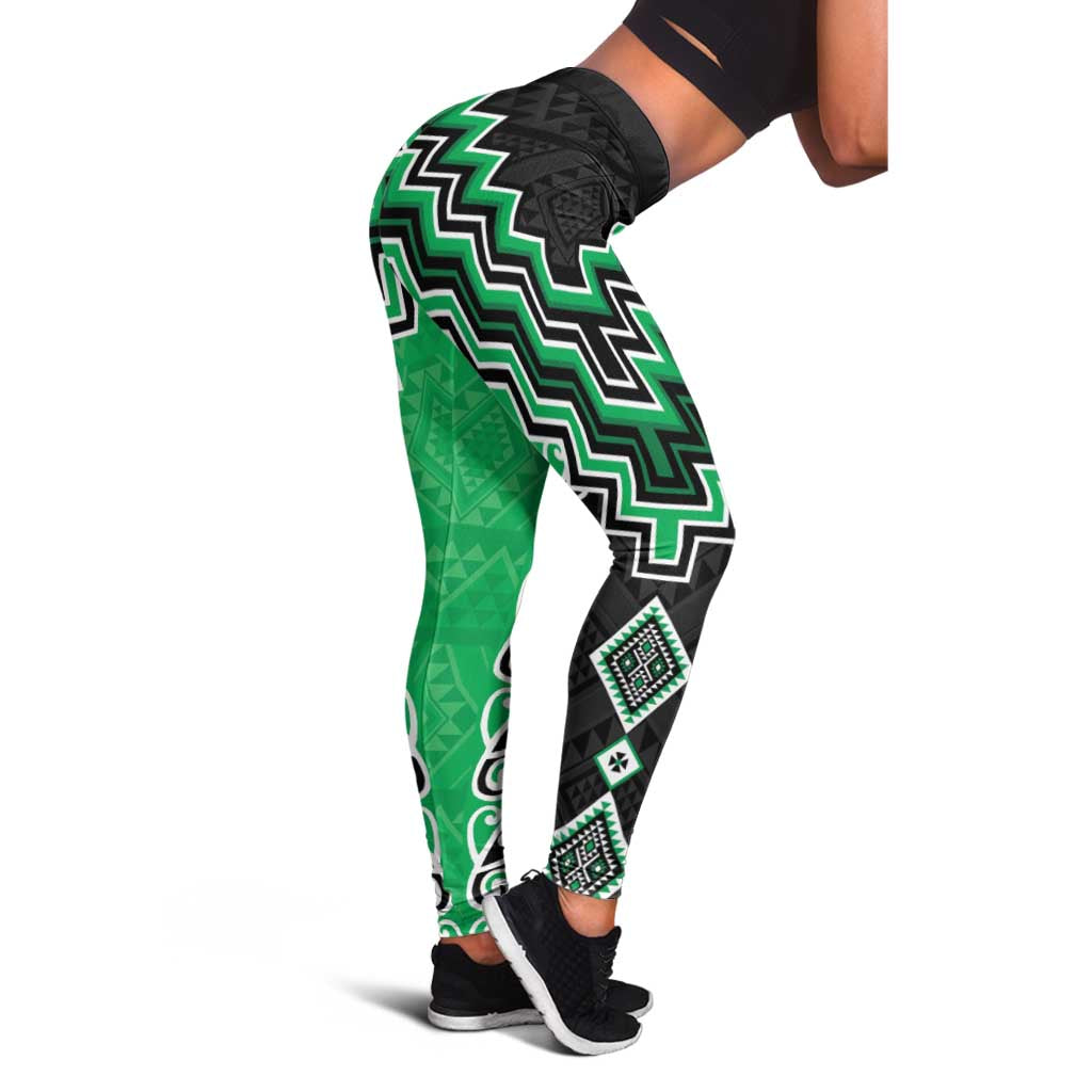 Green Niho Taniwha Mix Poutama Leggings Unique Taniko Aotearoa LT01 - Polynesian Pride