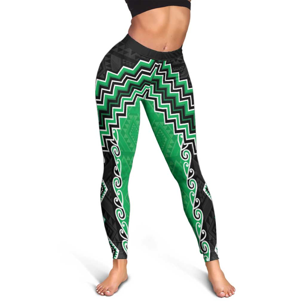 Green Niho Taniwha Mix Poutama Leggings Unique Taniko Aotearoa LT01 - Polynesian Pride