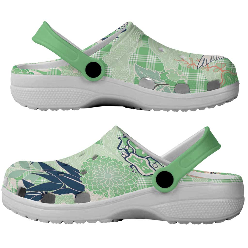 Green Palaka Crane and Flowers Clogs Shoes Japan Heritage Spirit - Polynesian Pride