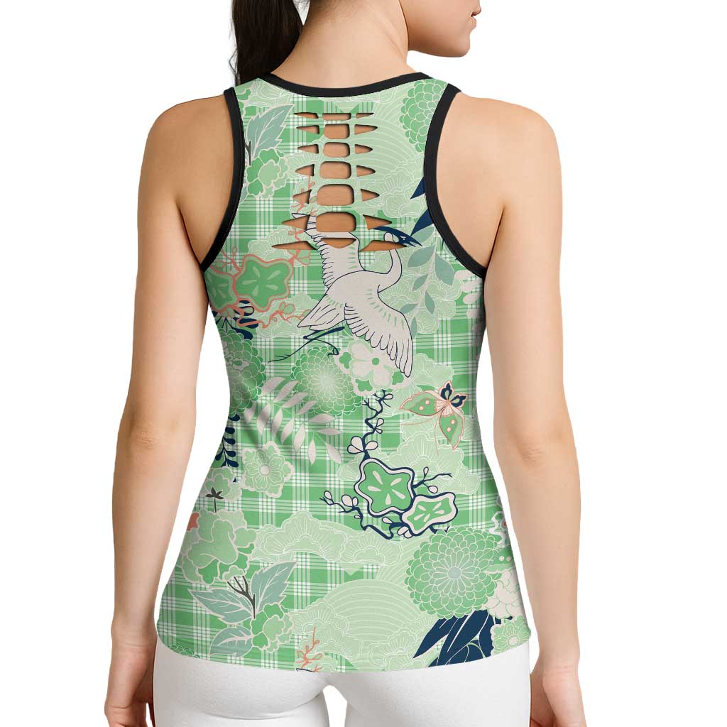 Green Palaka Crane and Flowers Hollow Tank Top Japan Heritage Spirit - Polynesian Pride