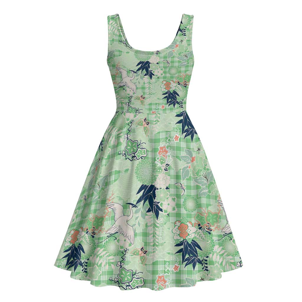 Green Palaka Crane and Flowers Midi Dress Japan Heritage Spirit - Polynesian Pride