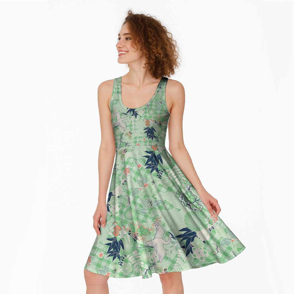 Green Palaka Crane and Flowers Midi Dress Japan Heritage Spirit - Polynesian Pride