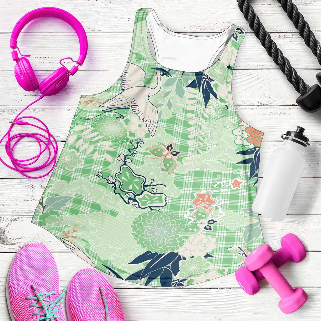 Green Palaka Crane and Flowers Women Racerback Tank Japan Heritage Spirit LT9 Green - Polynesian Pride