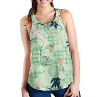 Green Palaka Crane and Flowers Women Racerback Tank Japan Heritage Spirit LT9 - Polynesian Pride