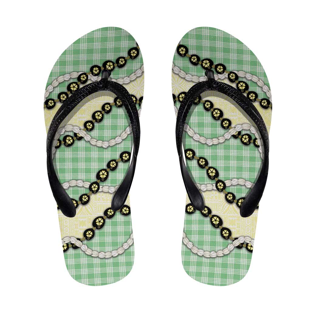 Green Palaka Hawaii Flip Flops Kukui Nut Pikake Lei Hawaiian Tapa Pattern - Polynesian Pride