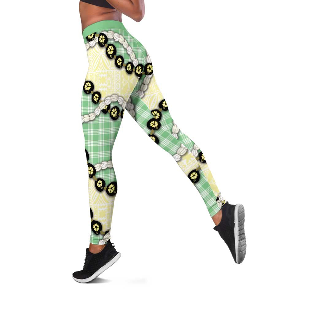 Green Palaka Hawaii Leggings Kukui Nut Pikake Lei Hawaiian Tapa Pattern - Polynesian Pride