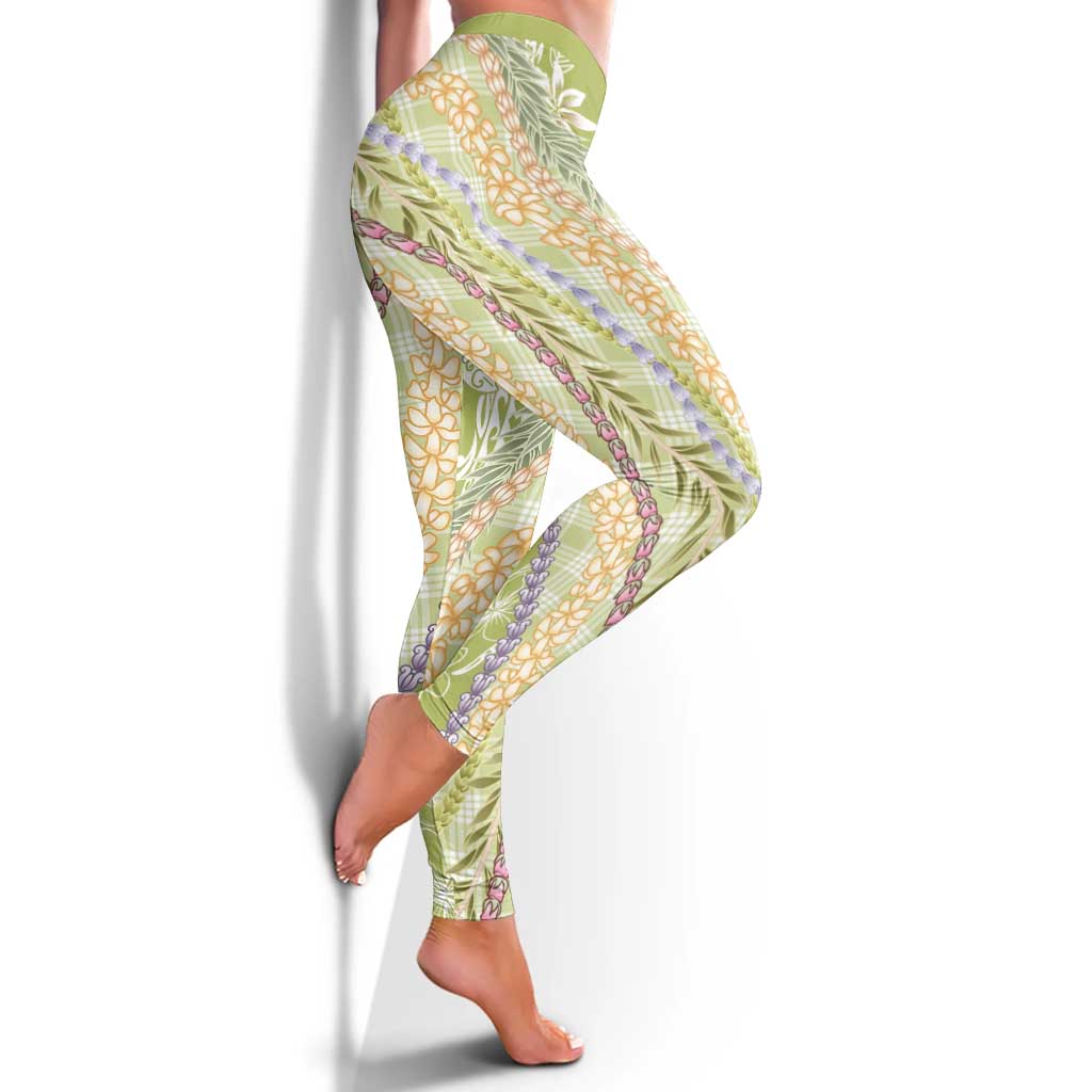 Green Palaka Hawaii Leis Leggings Hawaiian-plaid Elegant Tropical Vibes - Polynesian Pride