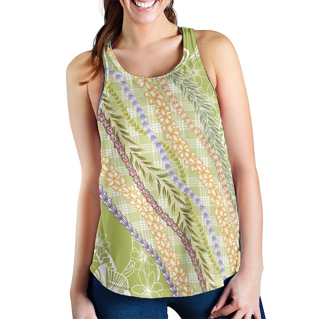 Green Palaka Hawaii Leis Women Racerback Tank Hawaiian-plaid Elegant Tropical Vibes - Polynesian Pride