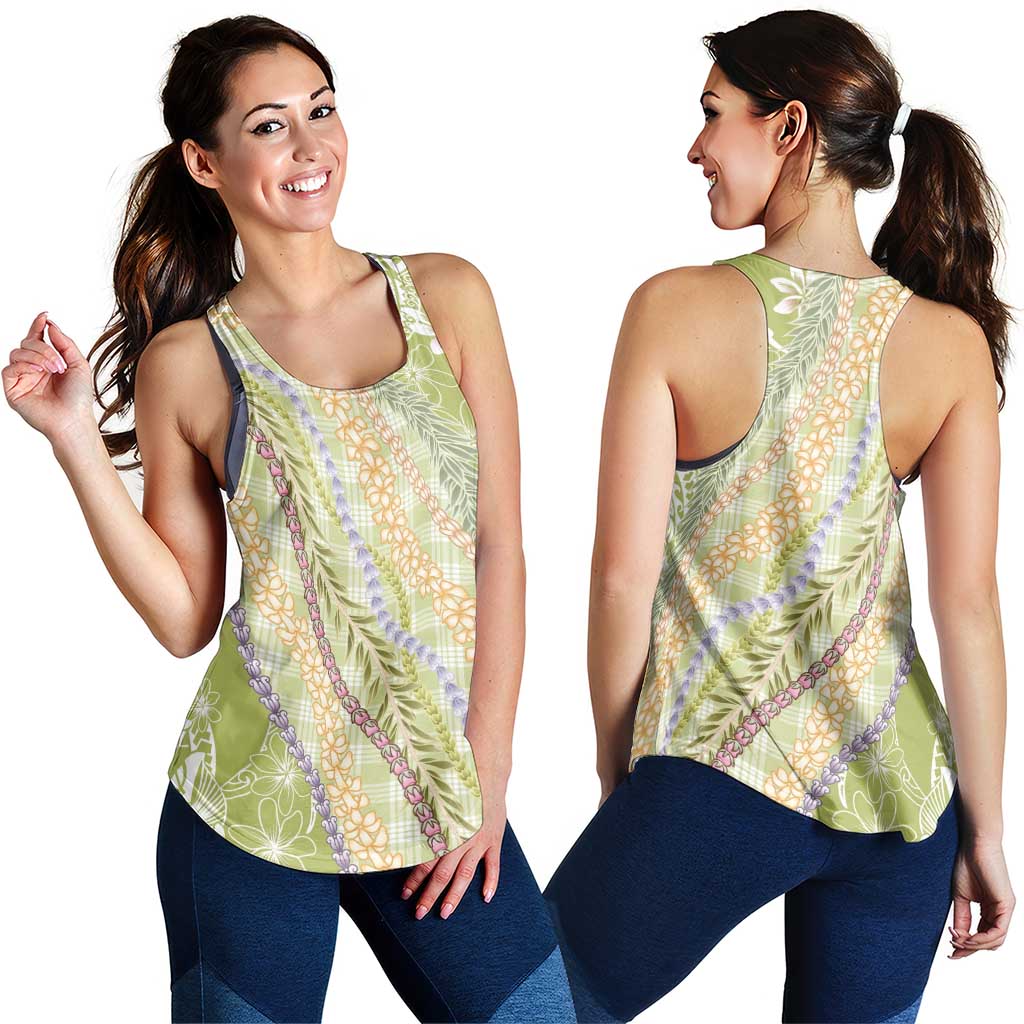 Green Palaka Hawaii Leis Women Racerback Tank Hawaiian-plaid Elegant Tropical Vibes - Polynesian Pride