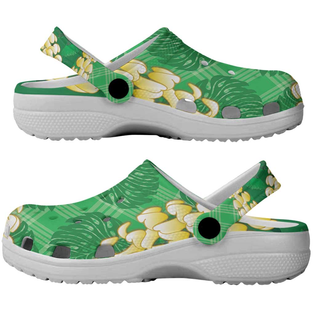Green Palaka Hawaii Mele Kalikimaka Clogs Shoes Ohia Lehua Monstera Puakenikeni Lei - Polynesian Pride