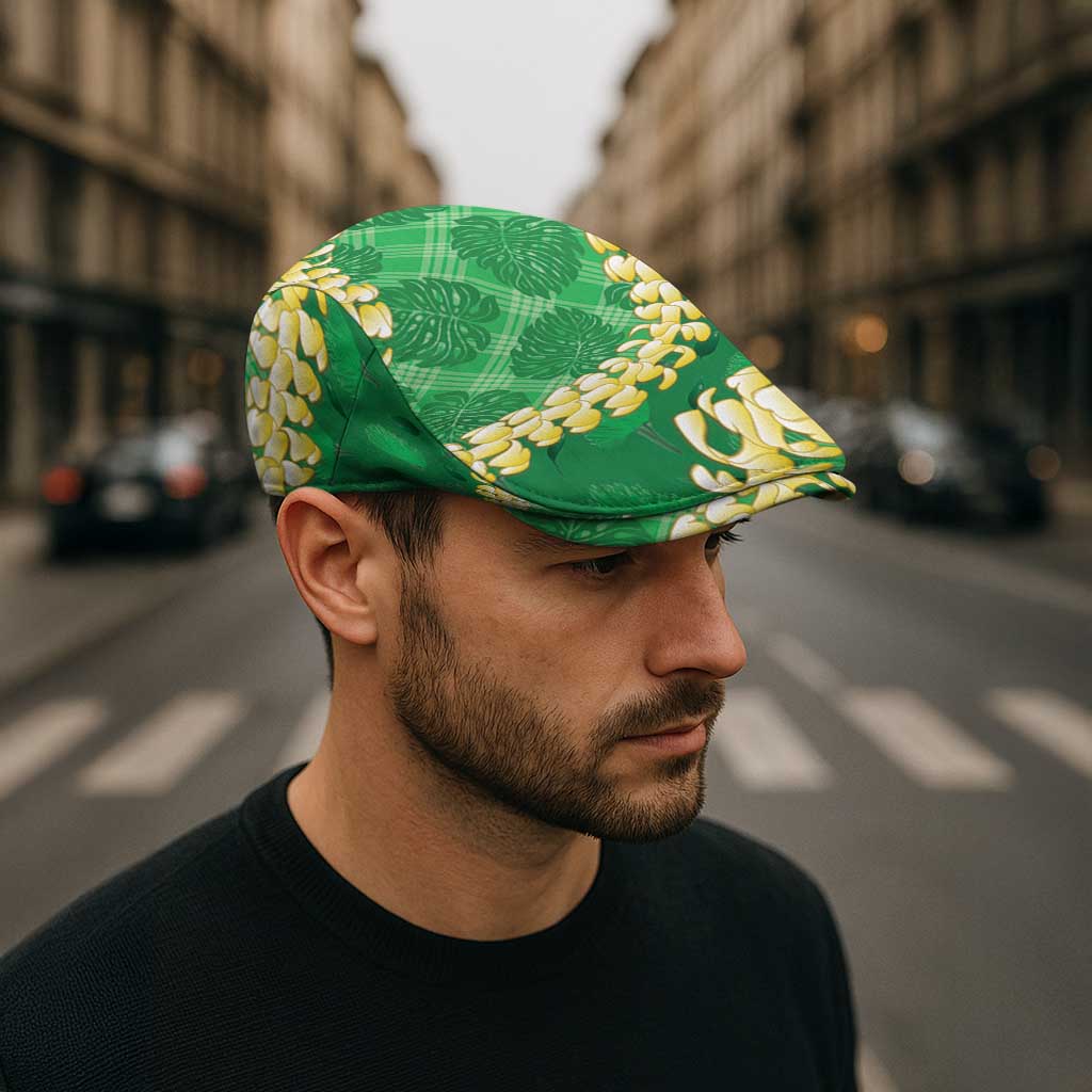 Green Palaka Hawaii Mele Kalikimaka Jeff Hat Ohia Lehua Monstera Puakenikeni Lei - Polynesian Pride