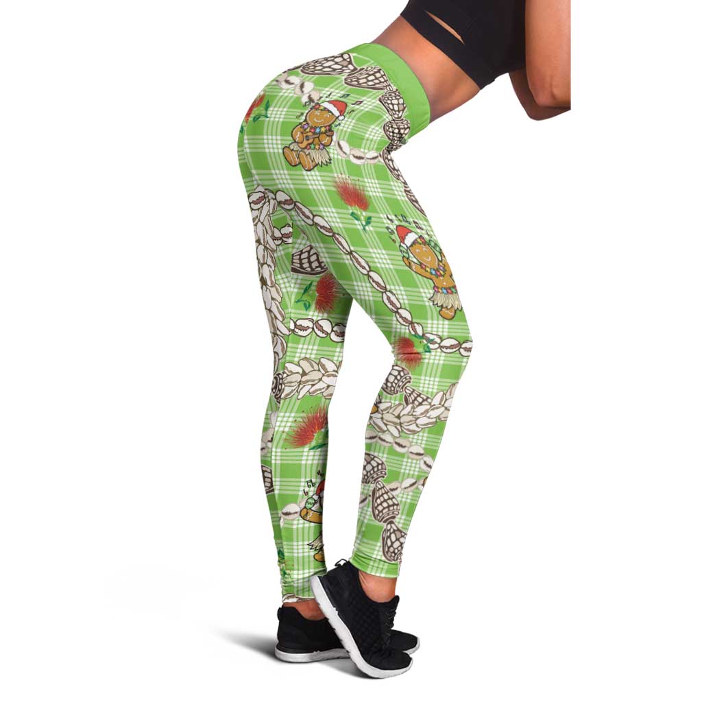 Green Palaka Hawaii Mele Kalikimaka Leggings - Ohia Lehua Shell Leis Funny Gingerbread Santa LT14 - Polynesian Pride