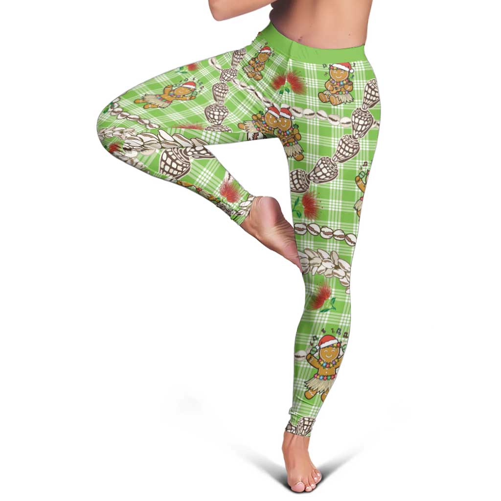 Green Palaka Hawaii Mele Kalikimaka Leggings - Ohia Lehua Shell Leis Funny Gingerbread Santa LT14 - Polynesian Pride