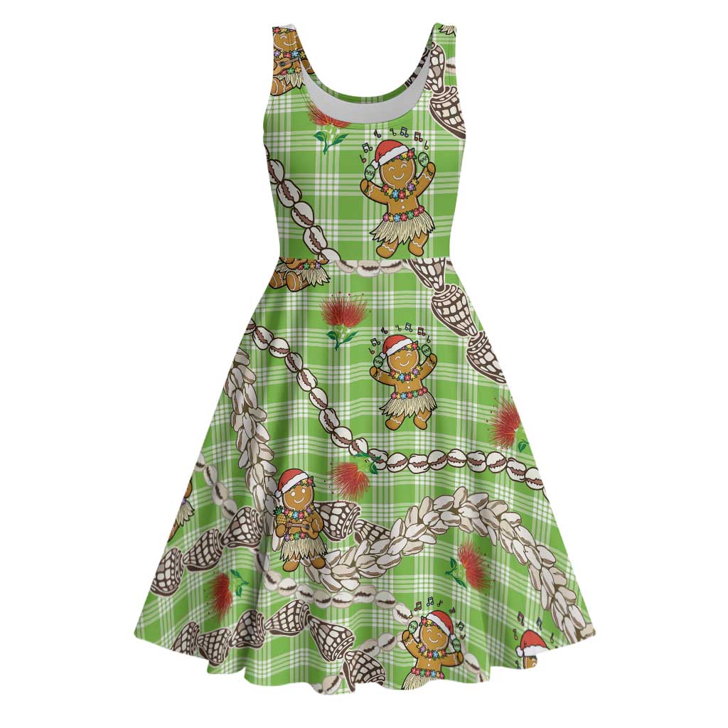Green Palaka Hawaii Mele Kalikimaka Midi Dress Ohia Lehua Shell Leis Funny Gingerbread Santa LT14 Green - Polynesian Pride
