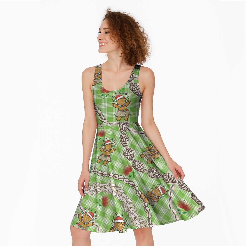 Green Palaka Hawaii Mele Kalikimaka Midi Dress Ohia Lehua Shell Leis Funny Gingerbread Santa LT14 - Polynesian Pride
