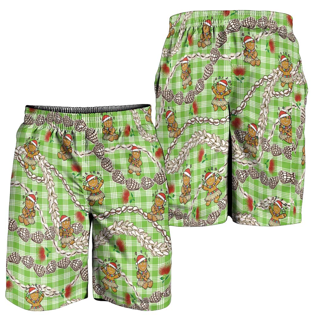 Green Palaka Hawaii Mele Kalikimaka Shorts for Men Ohia Lehua Shell Leis Funny Gingerbread Santa LT14 - Polynesian Pride