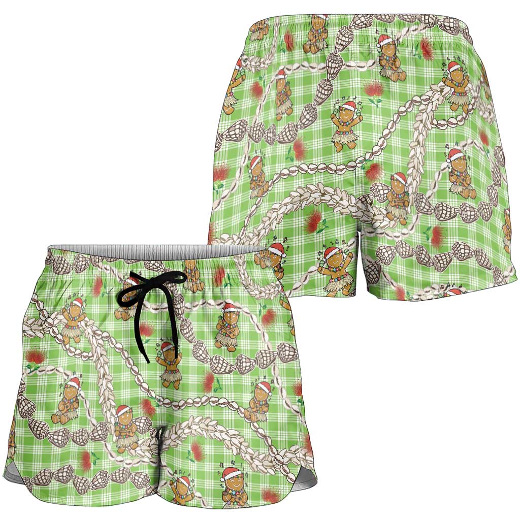 Green Palaka Hawaii Mele Kalikimaka Shorts for Women Ohia Lehua Shell Leis Funny Gingerbread Santa LT14 - Polynesian Pride
