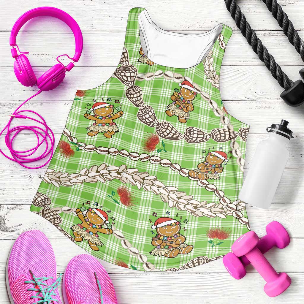 Green Palaka Hawaii Mele Kalikimaka Women Racerback Tank Ohia Lehua Shell Leis Funny Gingerbread Santa LT14 Green - Polynesian Pride
