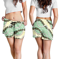 Green Palaka Hawaii Shorts for Women Kukui Nut Pikake Lei Hawaiian Tapa Pattern - Polynesian Pride