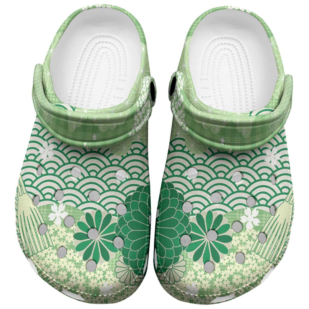 Green Palaka Japanese Traditional Clogs Shoes Asanoha Seigaiha Sakura Motif - Polynesian Pride