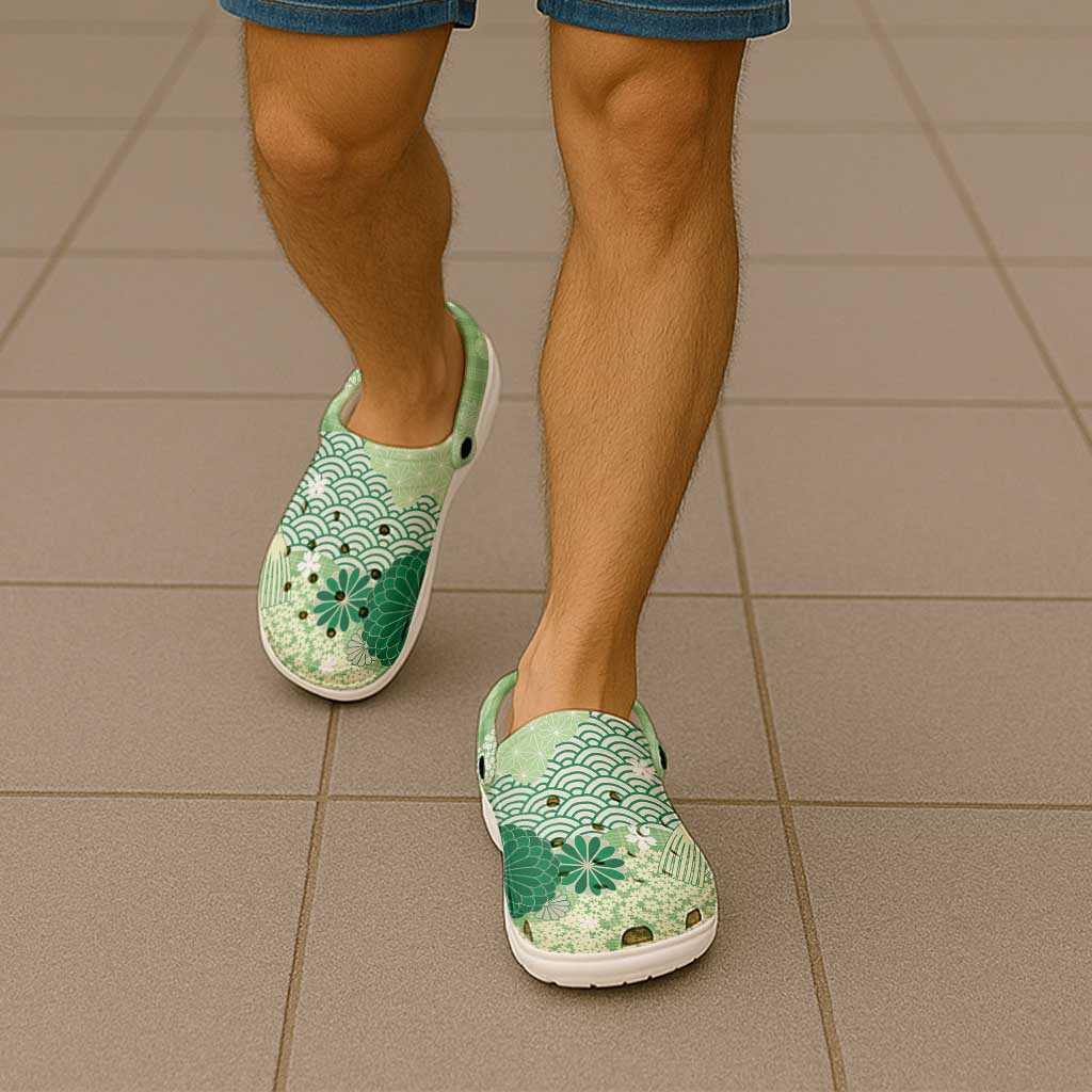Green Palaka Japanese Traditional Clogs Shoes Asanoha Seigaiha Sakura Motif - Polynesian Pride