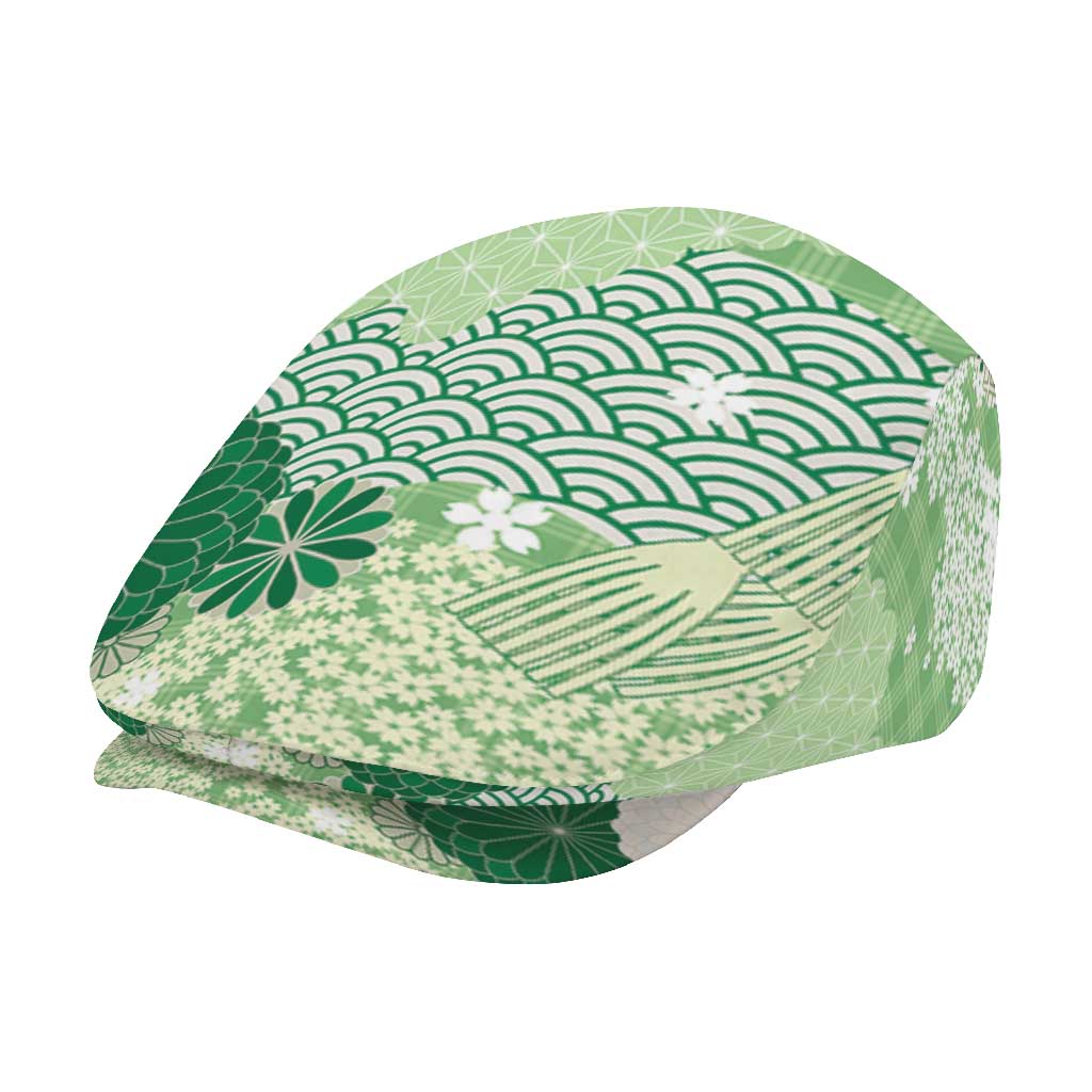 Green Palaka Japanese Traditional Jeff Hat Asanoha Seigaiha Sakura Motif - Polynesian Pride