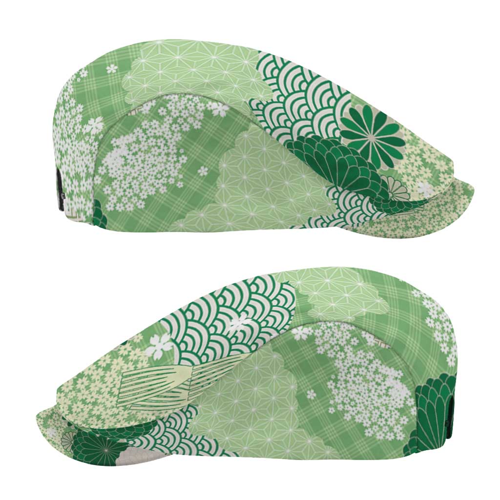 Green Palaka Japanese Traditional Jeff Hat Asanoha Seigaiha Sakura Motif - Polynesian Pride