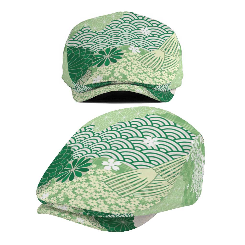 Green Palaka Japanese Traditional Jeff Hat Asanoha Seigaiha Sakura Motif - Polynesian Pride