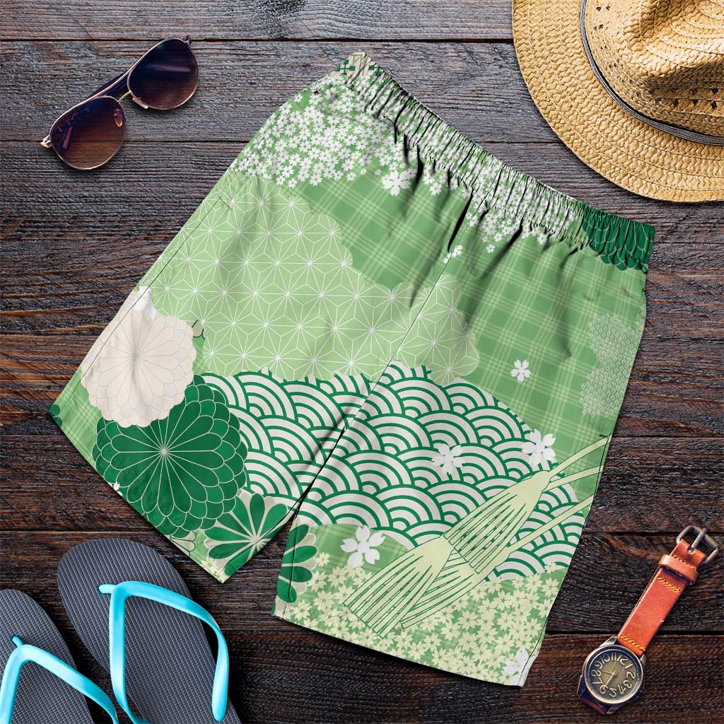 Green Palaka Japanese Traditional Shorts for Men Asanoha Seigaiha Sakura Motif - Polynesian Pride