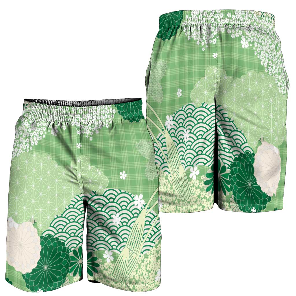 Green Palaka Japanese Traditional Shorts for Men Asanoha Seigaiha Sakura Motif - Polynesian Pride