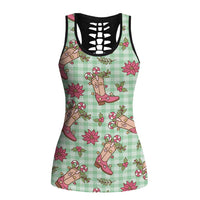 Green Paniolo Palaka Hawaiian Cowgirl Christmas Hollow Tank Top - Polynesian Pride