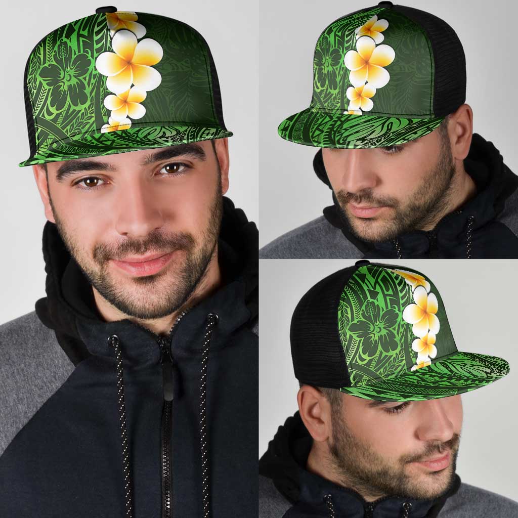 Green Polynesia Mesh Trucker Cap Plumeria Tropical Leaves With Galaxy Polynesian Art - Polynesian Pride