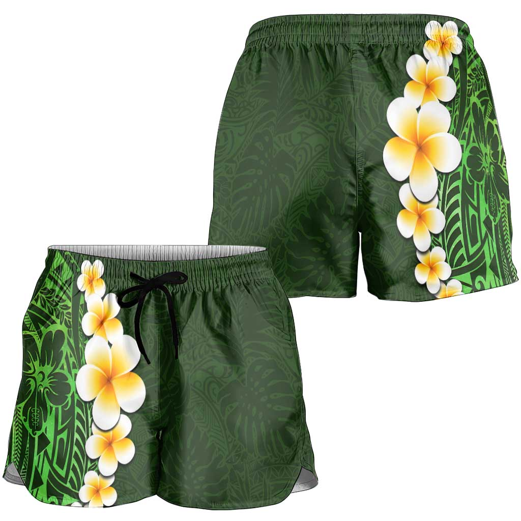 Green Polynesia Shorts for Women Plumeria Tropical Leaves With Galaxy Polynesian Art - Polynesian Pride