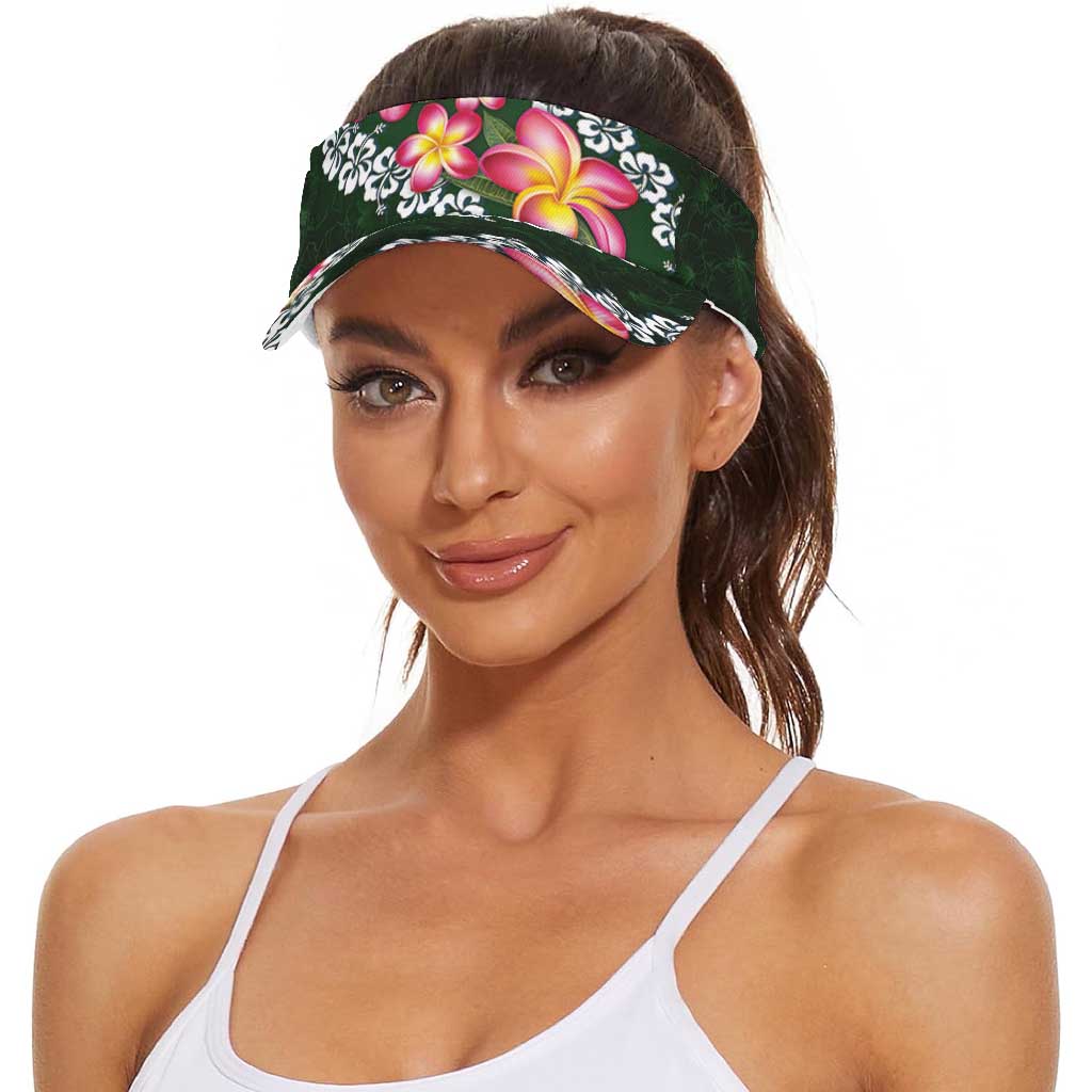 Green Polynesia Sun Visor Cap Plumeria With Hibiscus Pattern Tropical Vibes LT14 - Polynesian Pride