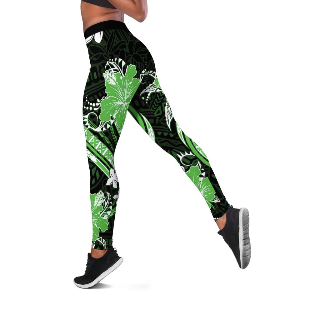 Green Polynesian Pattern With Tropical Flowers Leggings LT05 Green - Polynesian Pride