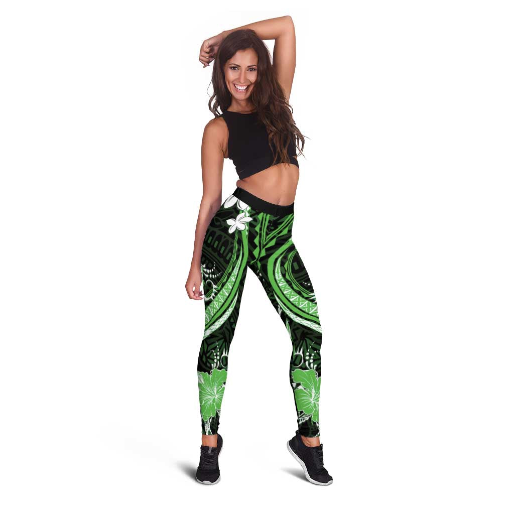 Green Polynesian Pattern With Tropical Flowers Leggings LT05 - Polynesian Pride