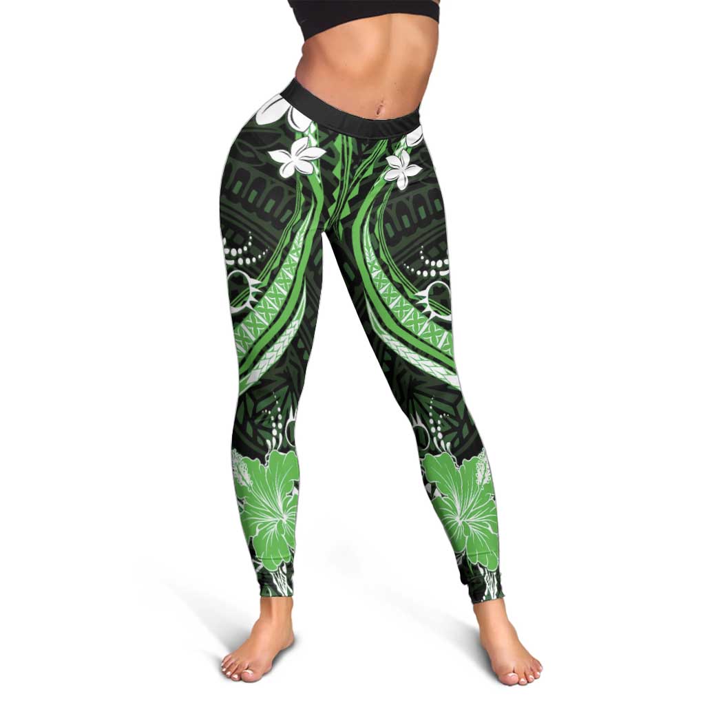 Green Polynesian Pattern With Tropical Flowers Leggings LT05 - Polynesian Pride