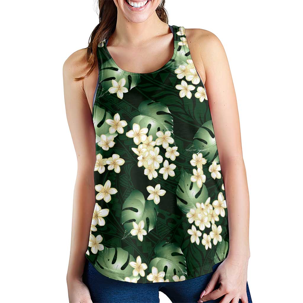 Green Tropical Hawaii Women Racerback Tank Seamless Monstera Plumeria Hawaiian Pattern - Polynesian Pride