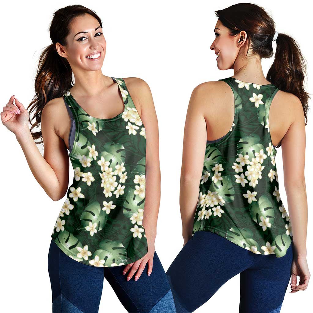 Green Tropical Hawaii Women Racerback Tank Seamless Monstera Plumeria Hawaiian Pattern - Polynesian Pride